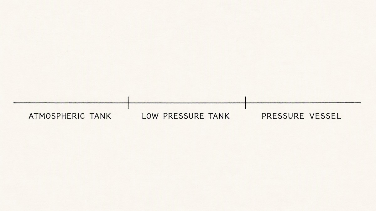 One pen and ink engineering plate showing a single baseline divided into three zones by two plain markers, with a label under each zone reading Atmospheric Tank, Low Pressure Tank, Pressure Vessel