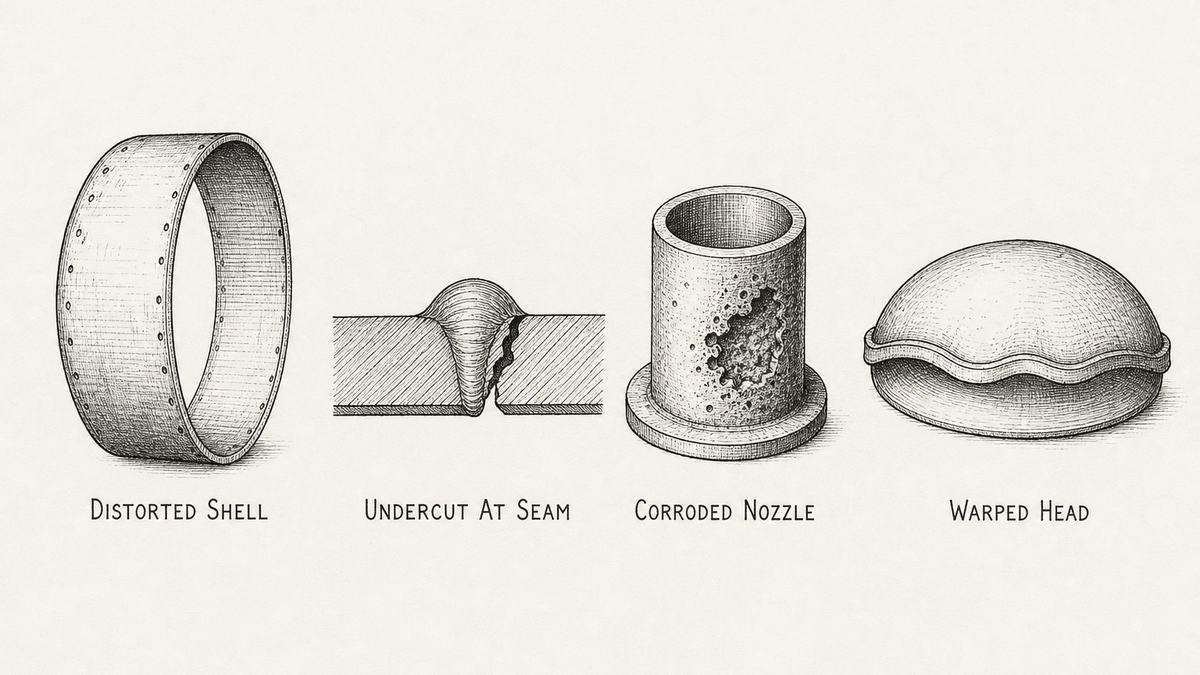 One pen and ink engineering plate showing four failed vessel parts in a single row with a label under each reading Distorted Shell, Undercut At Seam, Corroded Nozzle, Warped Head