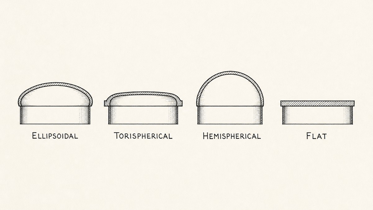 One pen and ink engineering plate showing four vessel head forms in a single row with a label under each reading Ellipsoidal, Torispherical, Hemispherical, Flat