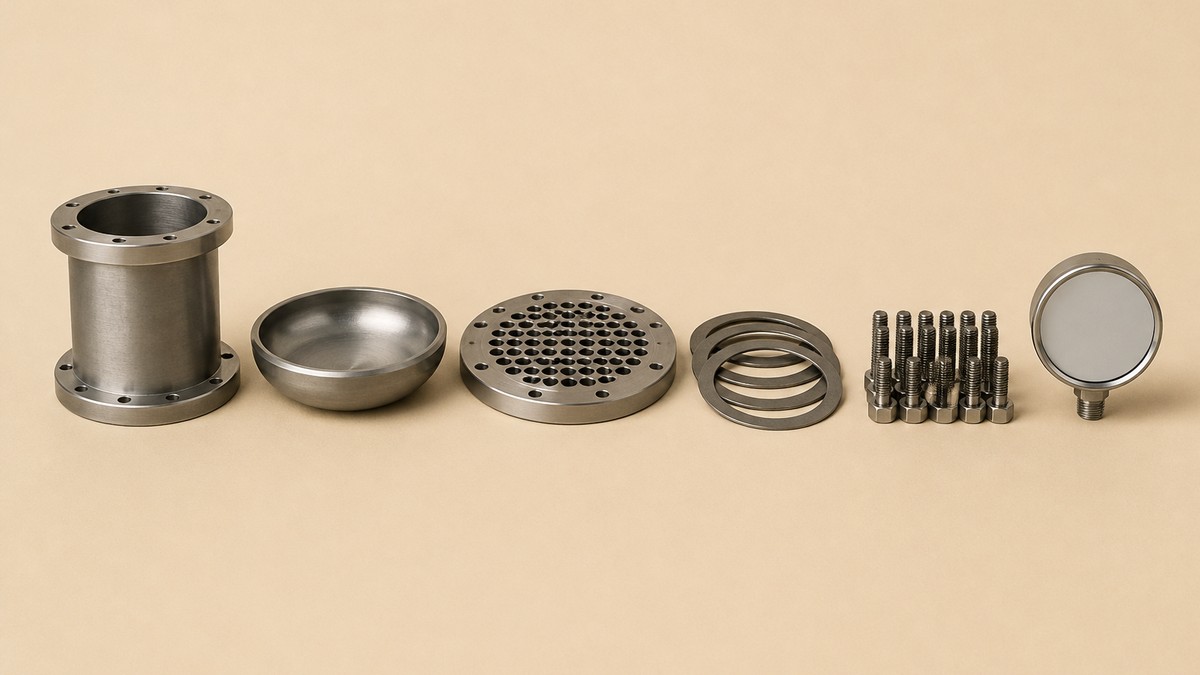 Pressure vessel cover image showing a flanged cylindrical shell section, a domed head, a drilled tube sheet, a stack of gaskets, a row of studs and nuts and a dial pressure gauge on a warm beige studio surface