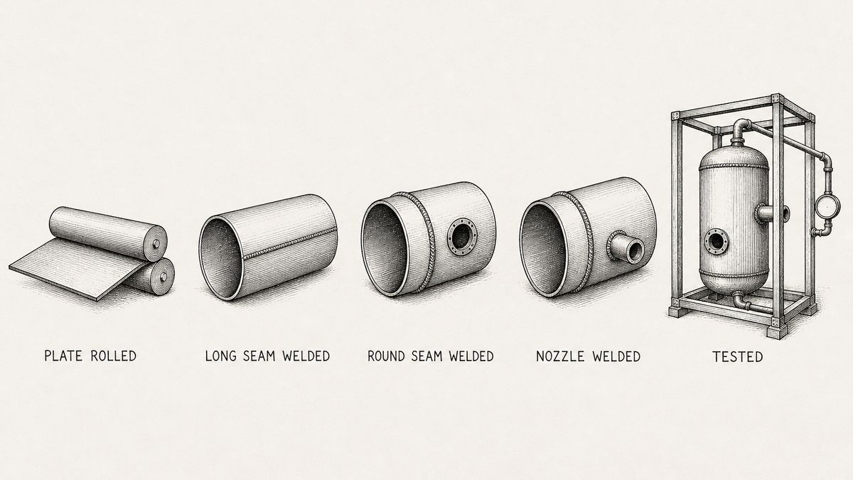 One pen and ink engineering plate showing five fabrication stages in a single row with a label under each reading Plate Rolled, Long Seam Welded, Round Seam Welded, Nozzle Welded, Tested