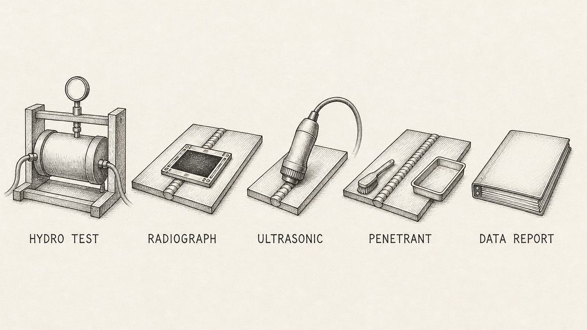 One pen and ink engineering plate showing five inspection stages in a single row with a label under each reading Hydro Test, Radiograph, Ultrasonic, Penetrant, Data Report