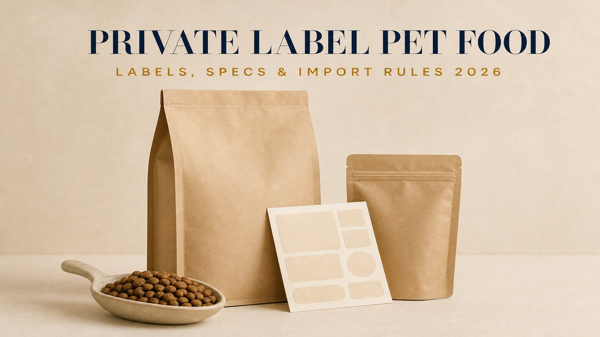 Private label pet food cover: a plain unbranded kraft pet food bag, a kraft stand-up treat pouch, a blank label sheet and a scoop of kibble on a pale beige studio surface