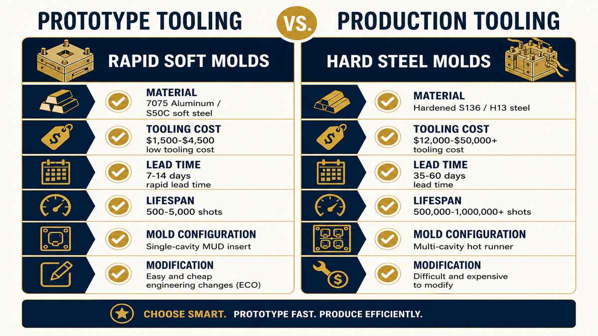 Prototype Tooling vs Production Tooling Head-to-Head Comparison Infographic