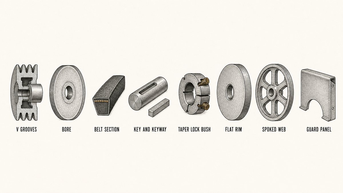 Eight separate pulley components drawn in a single row as a hand-drawn pen-and-ink engineering plate, each an isolated object with a label underneath: a single-groove pulley seen in section showing the machined V groove, the rim and the web; a multi-groove pulley shown face on with its several parallel grooves; the same multi-groove pulley cut in half so the hub, the bore and the web are visible in section; a separate split taper-lock bush with its flange and evenly spaced clamping holes; a straight steel key drawn beside a hub with its keyway; a short length of plain round shaft; a matching V-belt section cut square to show the wedge shape; and a flat guard panel with a louvred face