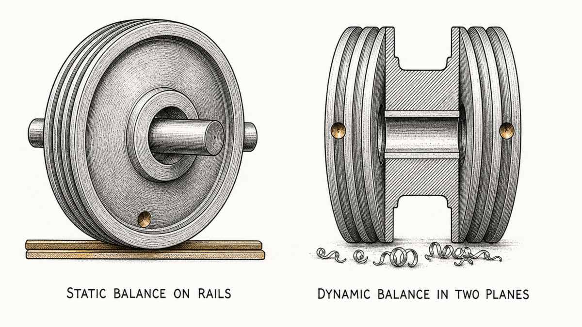 Two views of the same multi-groove pulley drawn side by side in a single row as a hand-drawn pen-and-ink engineering plate on a plain off-white paper ground, each an isolated object with a label underneath: on the left the pulley seen face on with a short length of shaft through its bore resting on two narrow parallel horizontal steel knife rails, the pulley sitting still and slightly tilted with one point of its rim resting low against the rail and a shallow circular dimple drilled into the heavy side of its web; and on the right the same pulley cut in half through its centre so the web is seen in section, with one shallow drilled dimple cut into the left face of the web near the rim and a second shallow dimple cut into the right face of the web on the opposite side, with a few fine steel drill curls resting beneath it
