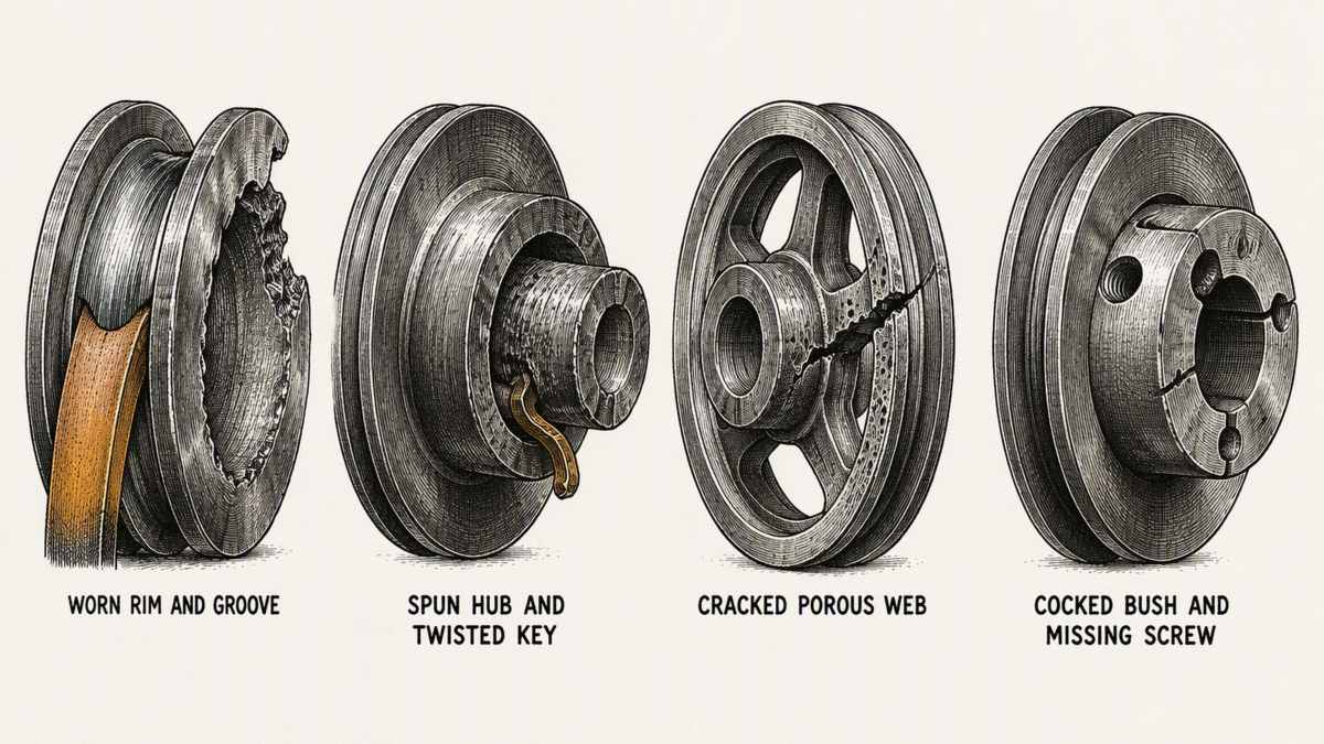 Four pulley problems drawn in a single row as a hand-drawn pen-and-ink engineering plate on a plain off-white paper ground, each an isolated object with a label underneath: first, a grooved pulley with the rim wall on one side worn so thin that the metal has broken away in a ragged crescent, the V-belt sitting deep in a widened groove with bright scored metal on the flanks; second, a pulley hub pulled partway off its shaft with both the bore and the shaft badly scored and galled, the keyway corners rounded over and the steel key itself twisted and bent; third, a pulley web with a ragged crack running out from the hub towards the rim, the broken casting surface around the crack rough and porous with many small holes; and fourth, a taper-lock bush assembly with the split bush cocked sideways in the hub, one fixing screw missing from its hole and the split line of the bush forced open and burred