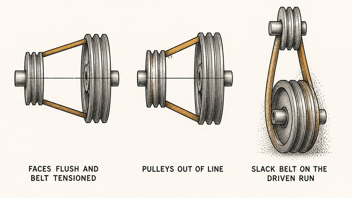 Three two-pulley belt drives drawn side by side in a single row as a hand-drawn pen-and-ink engineering plate on a plain off-white paper ground, each seen from the side with a label underneath: on the left a correctly set up drive with a small grooved pulley and a large grooved pulley on parallel shafts, their faces flush in one plane, a taut V-belt running between them and a fine straight alignment line drawn across both pulley faces showing them in line; in the middle the same drive with the small pulley shifted along its shaft so its face stands proud of the large pulley, the V-belt running at a slight angle between the two grooves and one edge of the belt rubbed bright and frayed; and on the right a vertically arranged drive with the small pulley above the large one, the V-belt hanging slack and bowed outward on the lower run with fine dust drawn around the slipping belt and the grooves polished shiny from slip