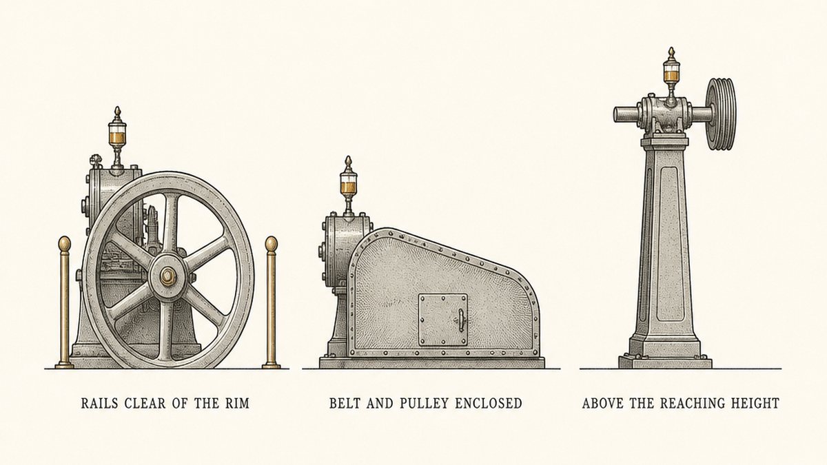 Three pulleys drawn in a single row as a hand-drawn pen-and-ink engineering plate, each an isolated object with a label underneath: a face-on pulley with two horizontal guard rails running past it above and below the rim, drawn clear of the rim with an even gap between each rail and the rim edge; a grooved pulley with a V-belt running over it completely enclosed inside a louvred steel guard box shown in cut-away so the belt and pulley are hidden inside; and a pulley raised high on a shaft beside a drawn reaching-height line running past below it, with nothing between the pulley and the line