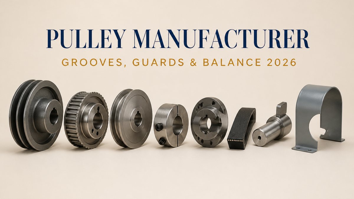 Pulley cover: a single-groove cast iron V-belt pulley standing upright with its machined groove and hub plainly visible, a matching deeper multi-groove pulley beside it, a separate split taper-lock bush with its flange and clamping screws, a short length of ground steel shaft with a keyed end, a straight steel key, a matching V-belt section cut square to show its wedge profile, a machined steel guard panel with a louvred face, and a small bearing block on a bracket, arranged on a pale beige studio surface