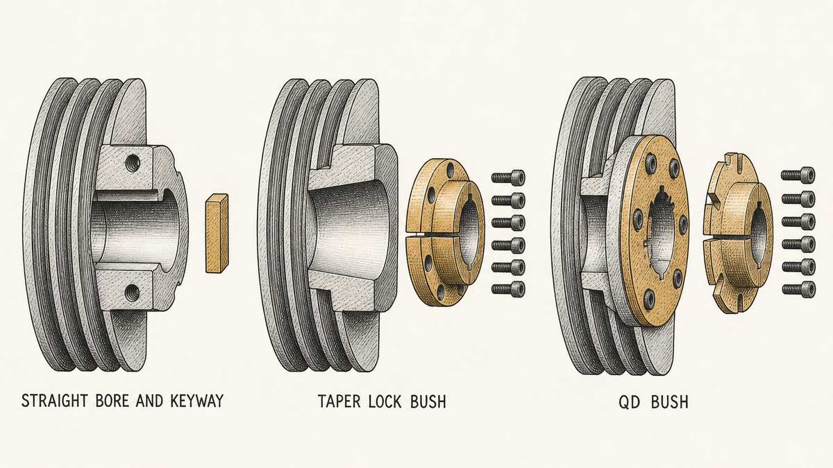Three pulley mounting arrangements drawn side by side in a single row as a hand-drawn pen-and-ink engineering plate on a plain off-white paper ground, each an isolated cut-away view with a label underneath: on the left a plain grooved pulley shown in section with a straight parallel bore through it, a single rectangular keyway cut along the bore, a separate square steel key drawn beside the bore, and two small grub screw holes in the hub; in the middle the same pulley hub bored out to a gentle taper with a separate split taper-lock bush drawn alongside it, the bush shown with its thick flange, its single lengthwise slit and its evenly spaced clamping holes with the matching socket screws grouped beside it; and on the right a pulley hub with a wide flanged quick-detachable hub bolted to the pulley body and the separate matching bush drawn alongside with its slotted flange, its single slit and its internal keyway, with its fixing screws laid beside it