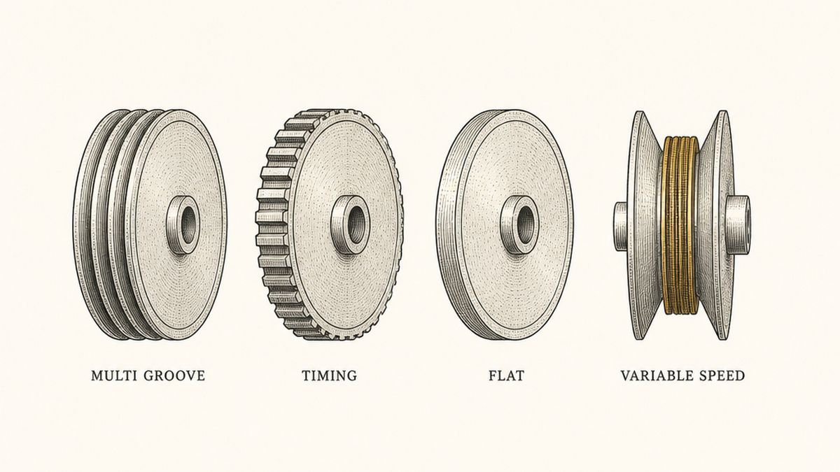 Four types of pulley drawn in a single row as a hand-drawn pen-and-ink engineering plate, each an isolated object seen face on with a label underneath: a multi-groove V-belt pulley with several parallel wedge grooves; a timing pulley with evenly spaced rounded toothed grooves around its rim; a flat-faced pulley with a smooth crowned rim and no grooves at all; and a variable speed pulley drawn in cut section so its two movable flanged halves and the gap between them are visible