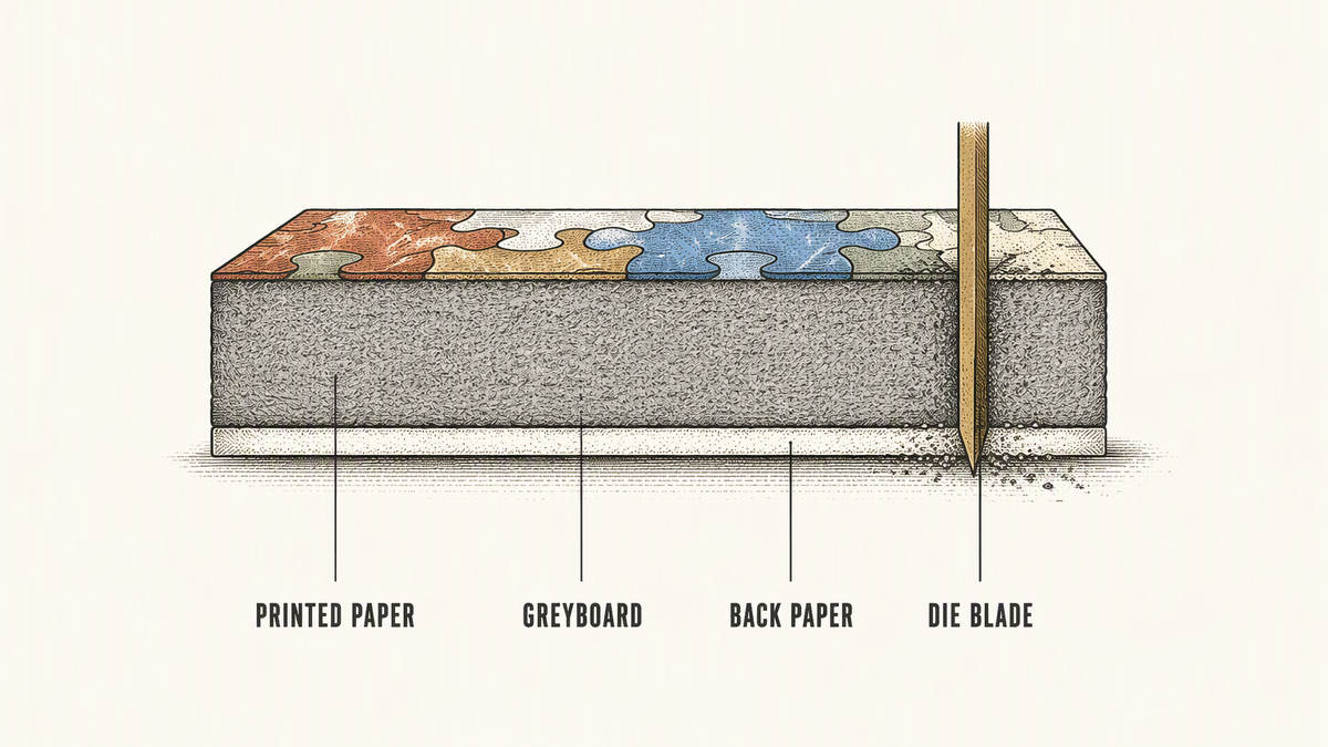 A cross-section block of puzzle board drawn so the stacked layers are clearly visible, with one cut edge and a blade passing down through it, labelled with leader lines as the printed paper, the greyboard, the back paper and the die blade