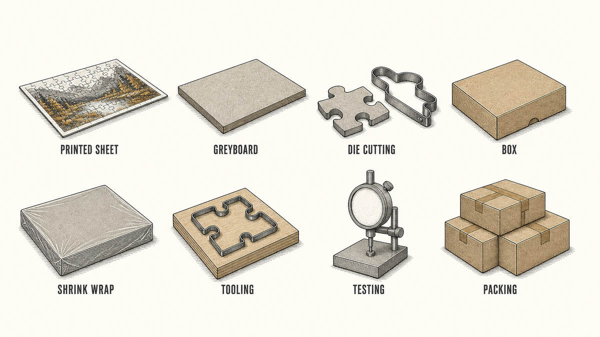 Puzzle cost lines drawn as two rows of labelled objects: a printed sheet, a greyboard, a die cutting press with a cut piece, a box, a shrink wrapped puzzle, a mould tool, a test bench arrangement and a packed carton