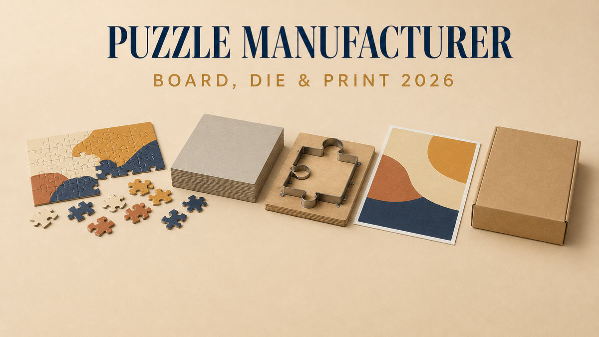 Jigsaw puzzle cover: a small finished jigsaw with part of the picture assembled and a scatter of loose pieces beside it, a cut block of laminated board lying flat with its layers visible, a short section of a cutting die shown as a bent steel blade set into a plywood base, a flat printed puzzle sheet and a plain cardboard puzzle box on a pale beige studio surface