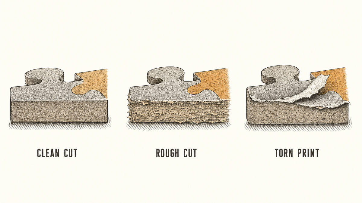Three cut edges drawn side by side as close-up sections of the same puzzle cut, each clearly different in finish, labelled as a clean cut, a rough cut and a torn print