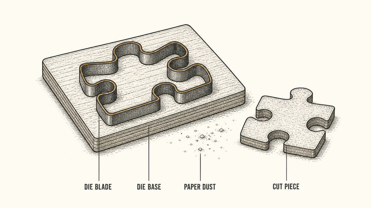 A cutting die drawn in technical detail: a flat plywood base with a thin bent steel blade standing proud of it in a jigsaw outline, one cut piece lying beside it, labelled as the die blade, the die base, the cut piece and the paper dust