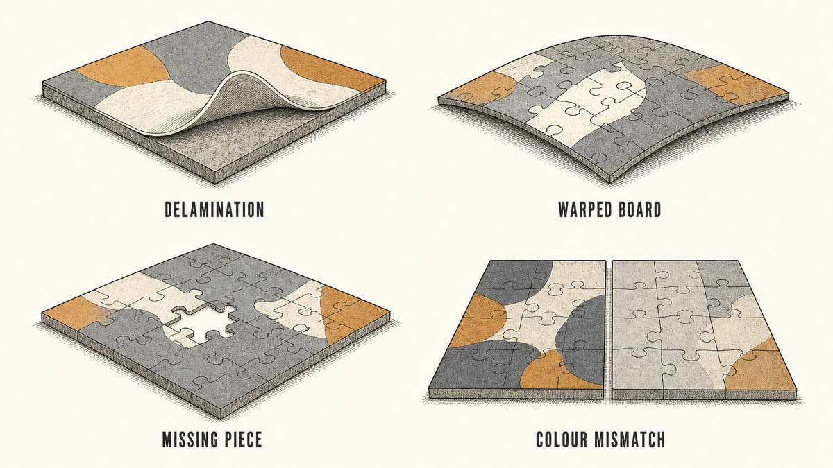 Four failed puzzle boards drawn as technical illustrations: the printed paper layer bubbling and lifting off the board, a whole board curved and bowed out of flat, an assembled puzzle with one obvious gap where a piece is missing, and two sheets of the same image placed together showing a visible difference in tone