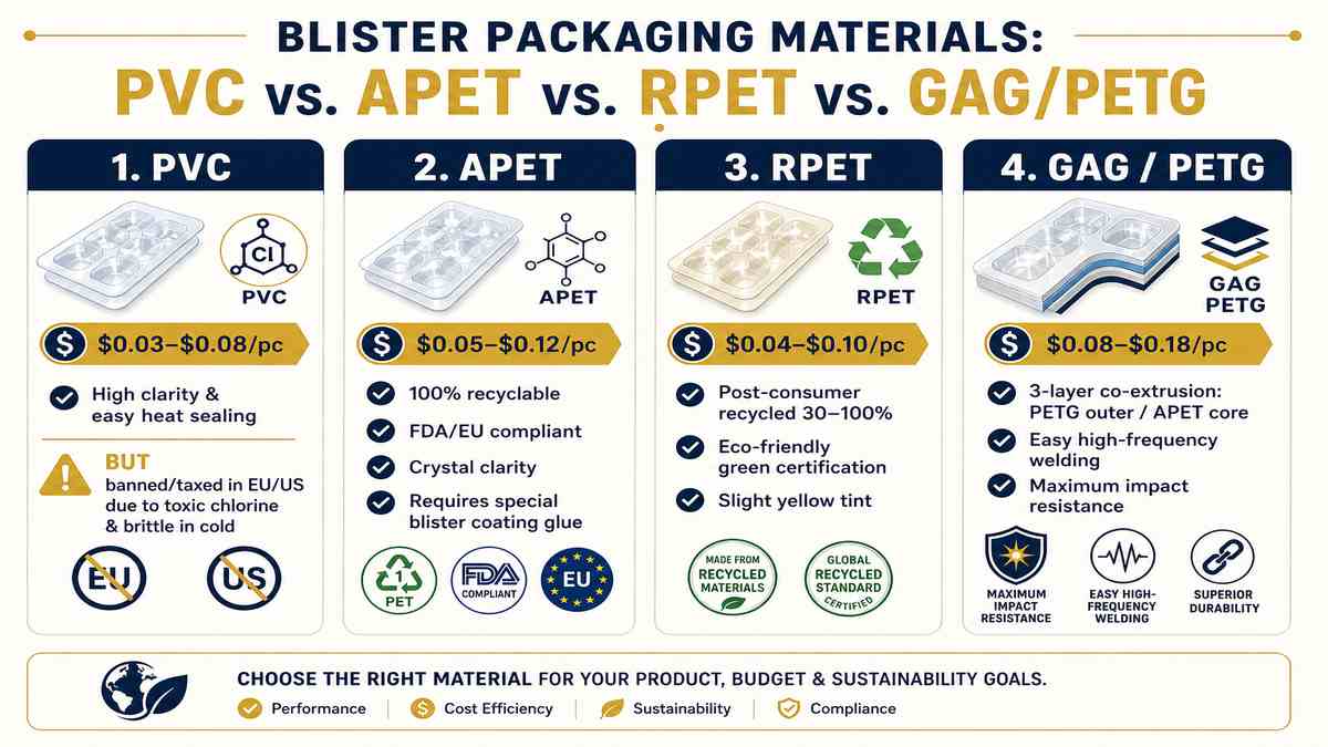 Blister Packaging Materials PVC vs APET vs RPET vs GAG Comparison Infographic