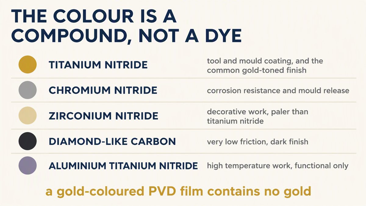 PVD coating colours set by compound: titanium nitride for gold, chromium nitride and DLC for grey and black