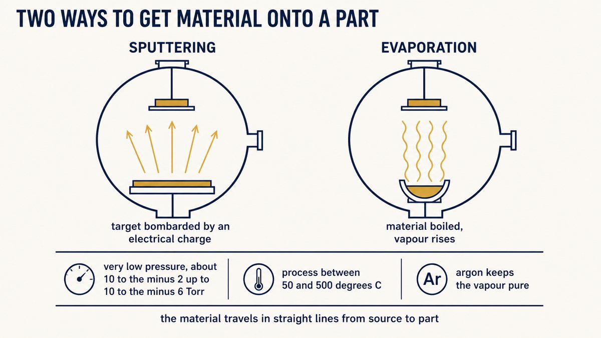 PVD process compared: sputtering from a target against thermal evaporation, both inside a vacuum chamber