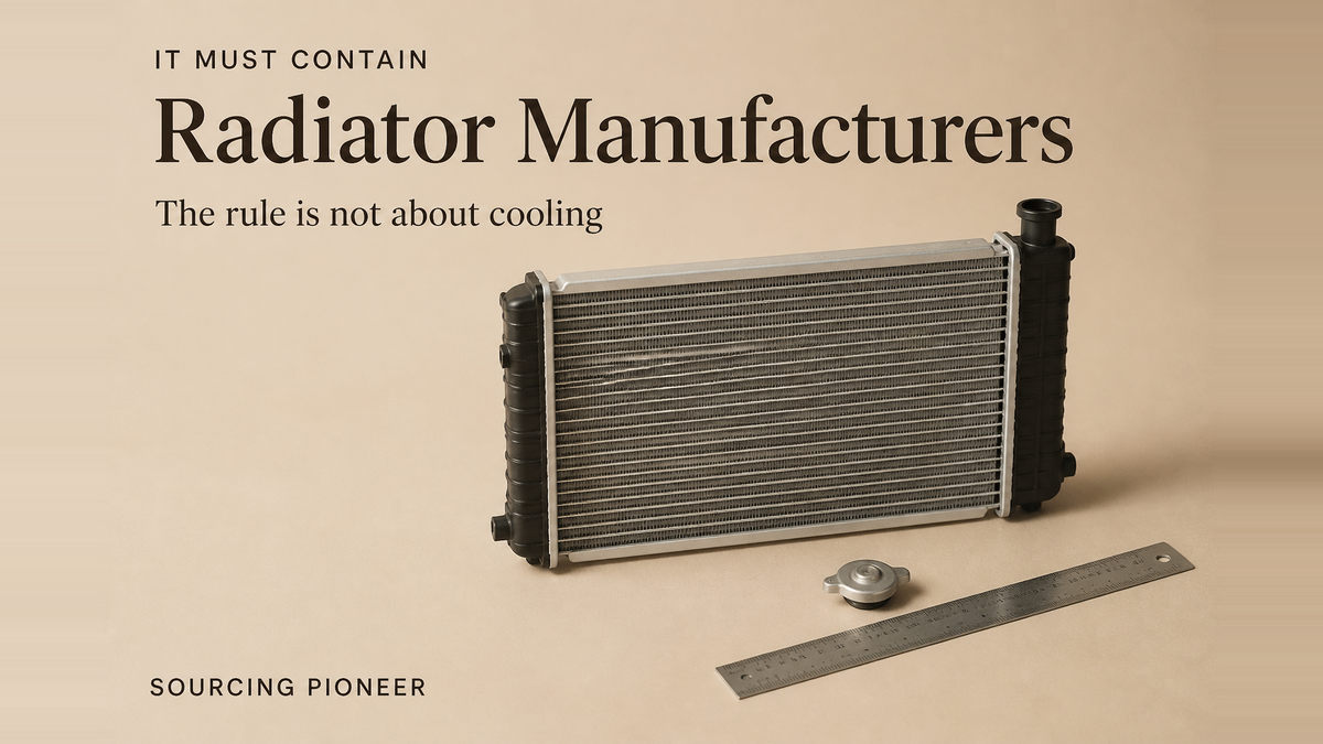 A plain unbranded aluminium radiator core with crimped plastic end tanks and a filler neck, on a warm beige studio surface beside a plain pressure cap