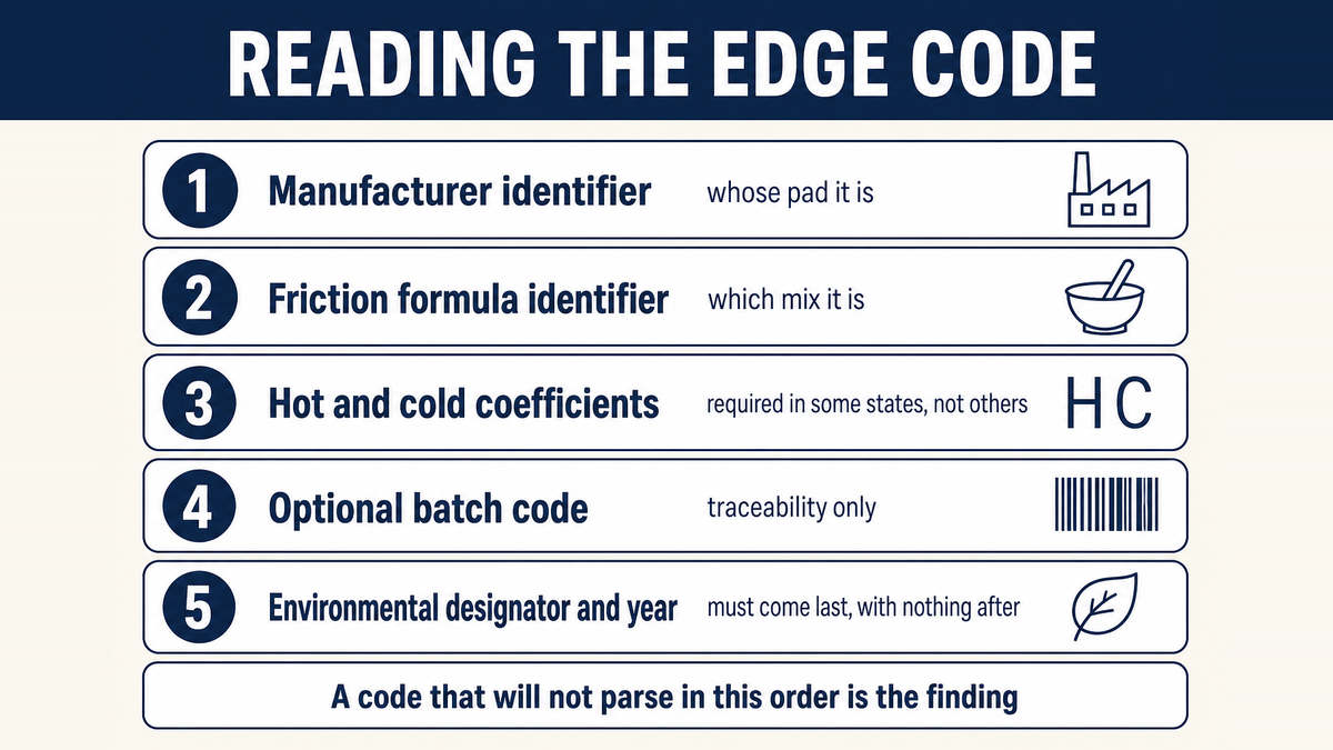 The five elements of an edge code set out in the order the standard requires, ending with the environmental designator and year of manufacture, with the friction coefficients flagged as required in some states but not others