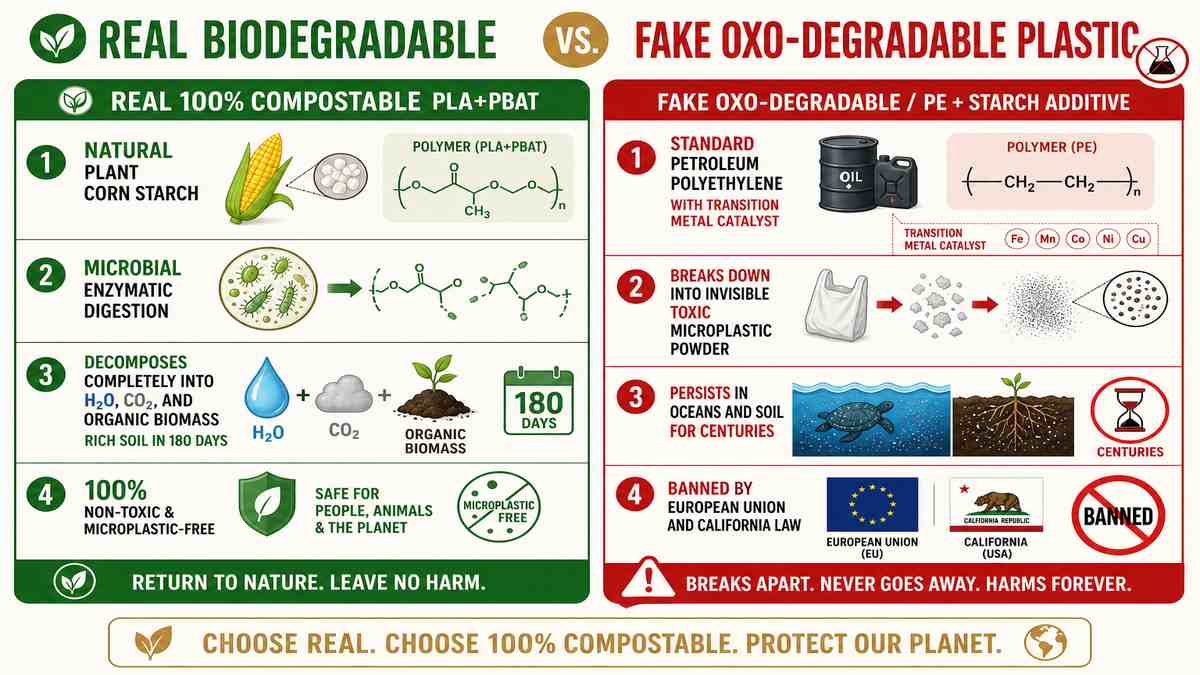 Real Biodegradable vs Fake Oxo-Degradable Plastic Chemical Breakdown Infographic