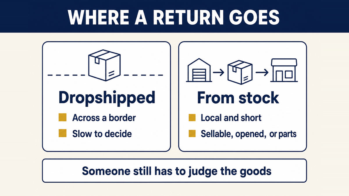 The return path compared between a dropshipped order sent back across a border and a domestic order sent back locally to a warehouse that inspects and repacks it