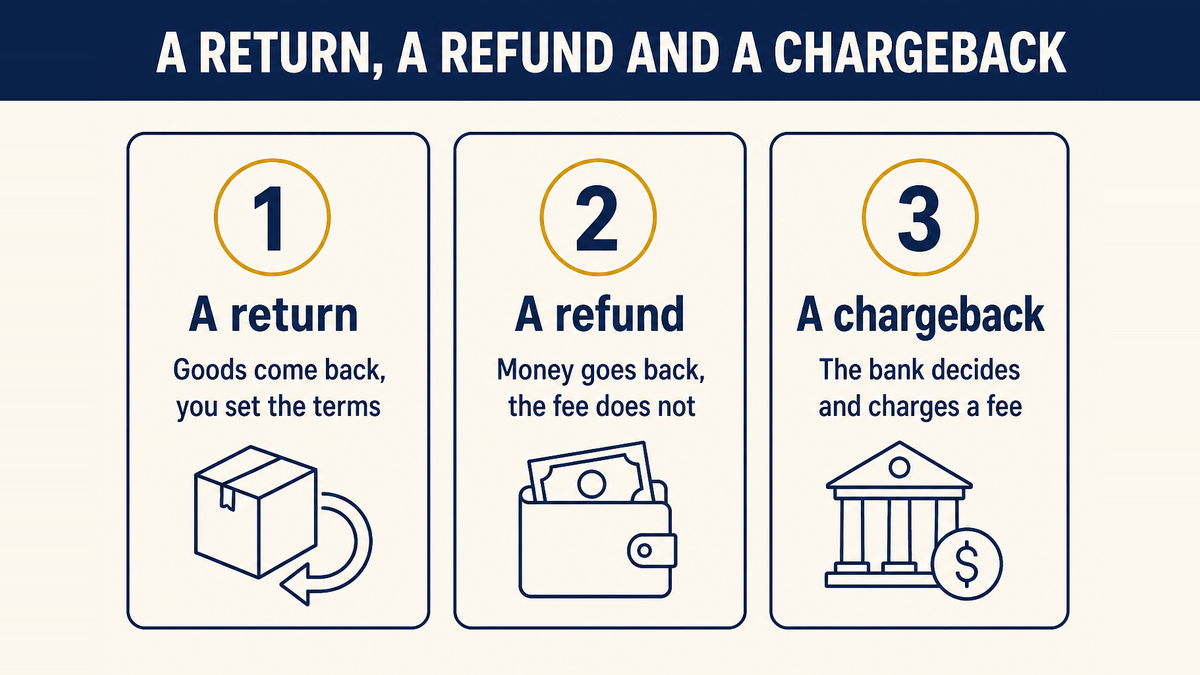 A return moves goods, a refund moves money and a chargeback is decided by the bank
