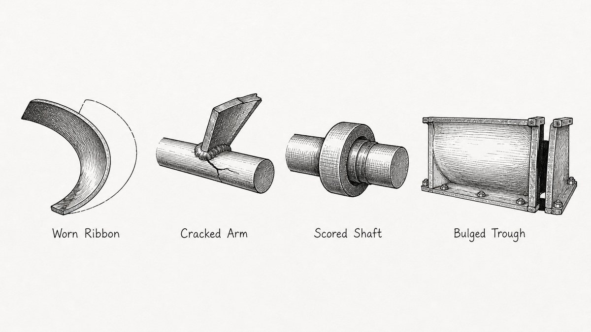 Four failed ribbon blender parts drawn as a pen and ink engineering plate with a label under each: a section of helical ribbon worn thin and polished along its outer edge with the intact profile shown behind as a thin outline, a ribbon arm broken away from the shaft at its weld with a crack along the shaft, a shaft worn into a deep polished groove where it passed through the packing, and a trough side wall bulged outward with a gap opened at the discharge