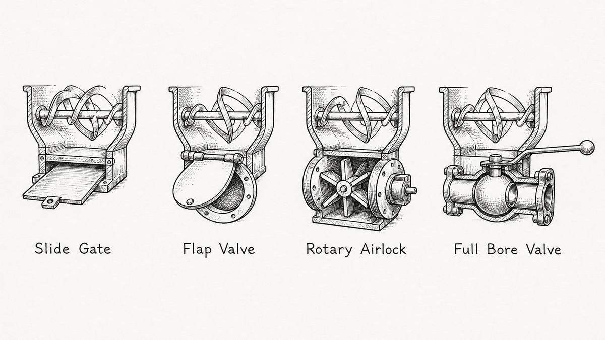Four discharge arrangements drawn as a pen and ink engineering plate with a label under each: a flat slide gate covering a rectangular opening, a hinged flap valve closing a round outlet, a rotary airlock with a multi-vane rotor inside a cylindrical body, and a full-bore valve with a straight unobstructed bore, a spherical plug and an external lever
