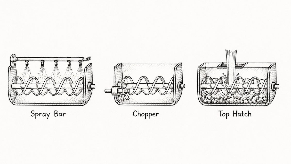 Three ways of adding liquid drawn as a pen and ink engineering plate with a label under each: a horizontal spray bar above the ribbons with several cone nozzles pointing down, a small chopper shaft with short blades entering the trough low down through the side wall, and a hatch in the trough top with liquid pouring straight down while the powder below is drawn as coarse clumped lumps