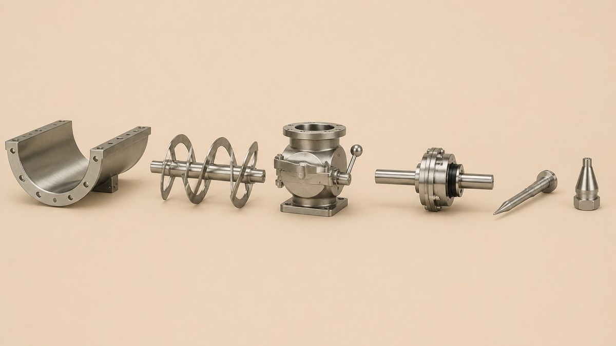 Ribbon blender cover image showing a curved section of a stainless steel U-shaped trough shell, a short section of double ribbon agitator on its shaft, a heavy discharge valve body with a lever, a length of shaft with a removable seal cartridge, a slim sample thief and a cone spray nozzle on a warm beige studio surface