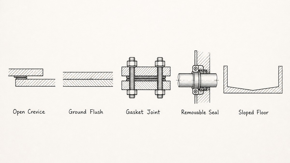 Five construction details drawn as a pen and ink engineering plate with a label under each: an open crevice where two plates overlap with a gap between them, a weld ground flush so the surface is continuous, a bolted flange with a gasket, a shaft through a wall with a removable seal cartridge held by a clamp ring, and a trough floor sloping to a low point