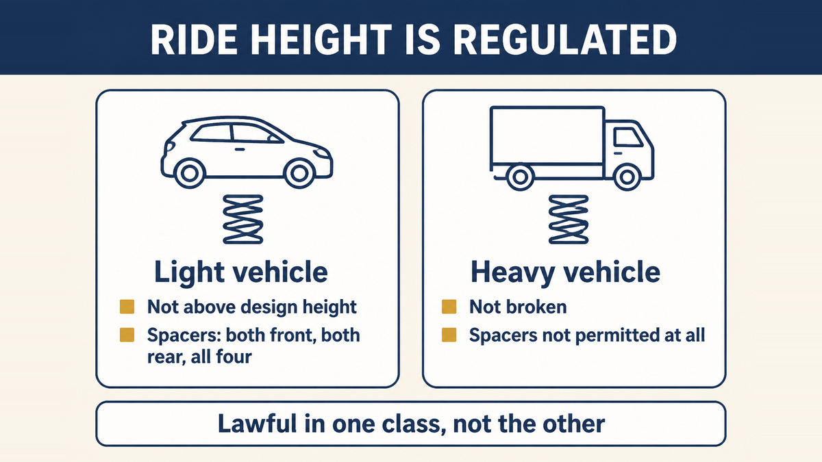 How ride height is regulated: springs may not sit a vehicle above its design height, spacers on light vehicles must be fitted to both front, both rear or all four, and coil springs on heavy vehicles may not be extended by spacers at all