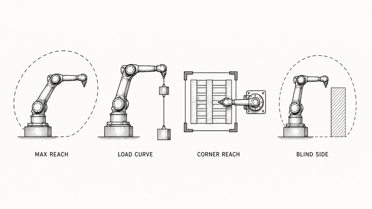 Pen and ink engineering plate showing four reach relationships with a plain label under each reading Max Reach, Load Curve, Corner Reach, Blind Side