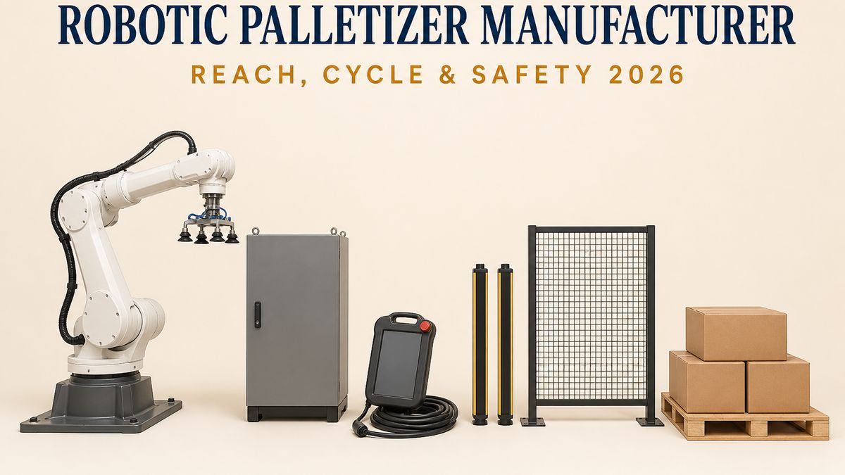 Blog cover showing a robotic palletizing cell on a warm cream background, with a navy serif headline reading Robotic Palletizer Manufacturer and an amber subhead reading Reach, Cycle and Safety 2026