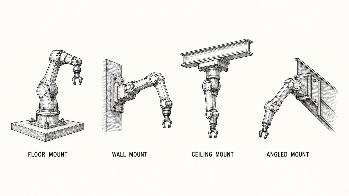 Pen and ink engineering plate showing four robot mountings in one row with a plain label under each reading Floor Mount, Wall Mount, Ceiling Mount, Angled Mount