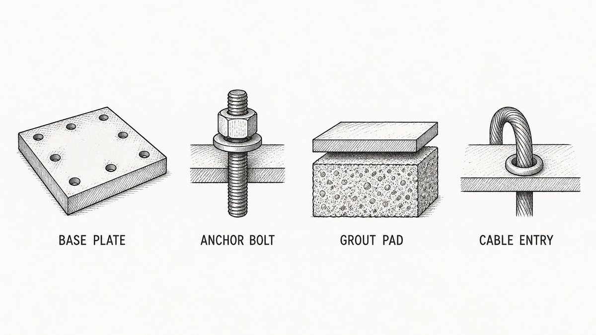 Pen and ink engineering plate showing four base details in one row with a plain label under each reading Base Plate, Anchor Bolt, Grout Pad, Cable Entry