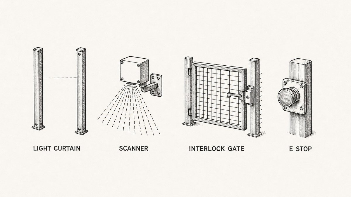 Pen and ink engineering plate showing four safety devices in one row with a plain label under each reading Light Curtain, Scanner, Interlock Gate, E Stop