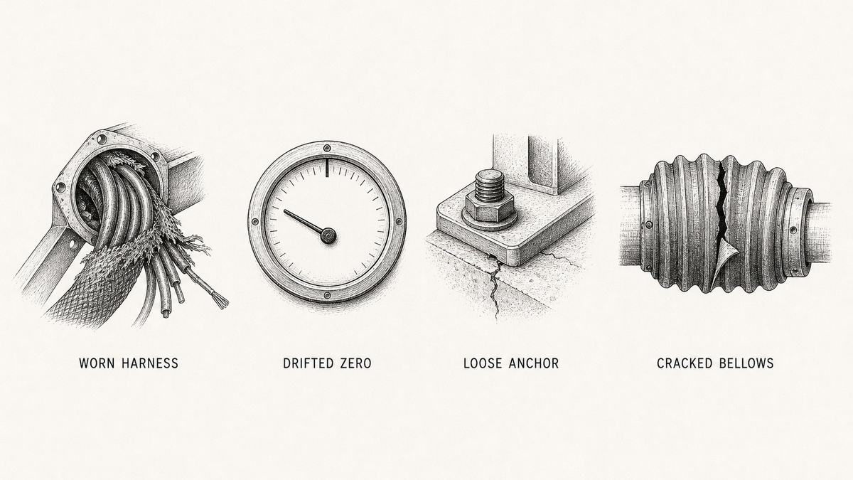 Pen and ink engineering plate showing four worn robot cell parts with a plain label under each reading Worn Harness, Drifted Zero, Loose Anchor, Cracked Bellows
