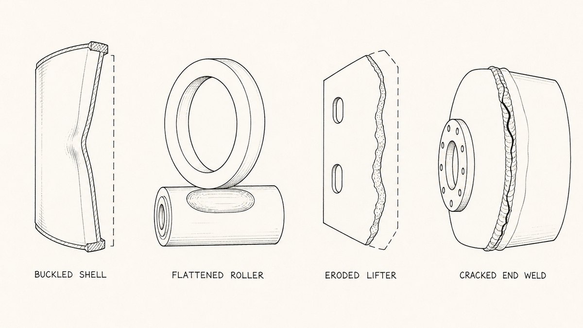 Four failed rotary dryer parts drawn in a single horizontal row as a hand-drawn pen-and-ink engineering plate, each an isolated part with a label underneath: a cut-away section of dryer shell whose wall has buckled with the original straight wall shown behind it as a thin intact reference line; a machined riding ring sitting on its cylindrical support roller with the roller worn into a clear flat spot and an oval polished scar; a single steel lifter blade eroded along its whole outer edge with the original crisp profile drawn behind as a thin intact reference line; and a shell end plate where the weld joining the plate to the shell has cracked with the surrounding metal slightly distorted
