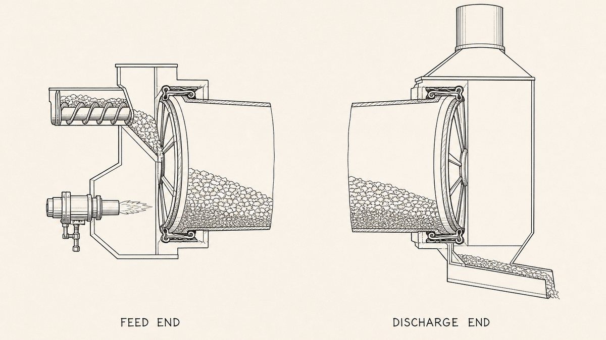 The feed end and the discharge end of a rotary dryer compared in a single horizontal row as a hand-drawn pen-and-ink engineering plate, two cut-away views at matching scale with a label underneath each: on the left the sloped shell in cut-away with its end plate, a short screw feeder delivering wet material through a chute into the shell mouth, a fixed inlet housing around the rotating shell with a flexible sealing strip running between the housing lip and a machined sealing band on the shell, and a burner assembly mounted in the same housing; on the right the shell in cut-away with its end plate, a hooded collecting box around the shell mouth with a flexible sealing strip between the hood lip and the shell, a rising gas duct on top of the hood and a short outlet chute at the bottom