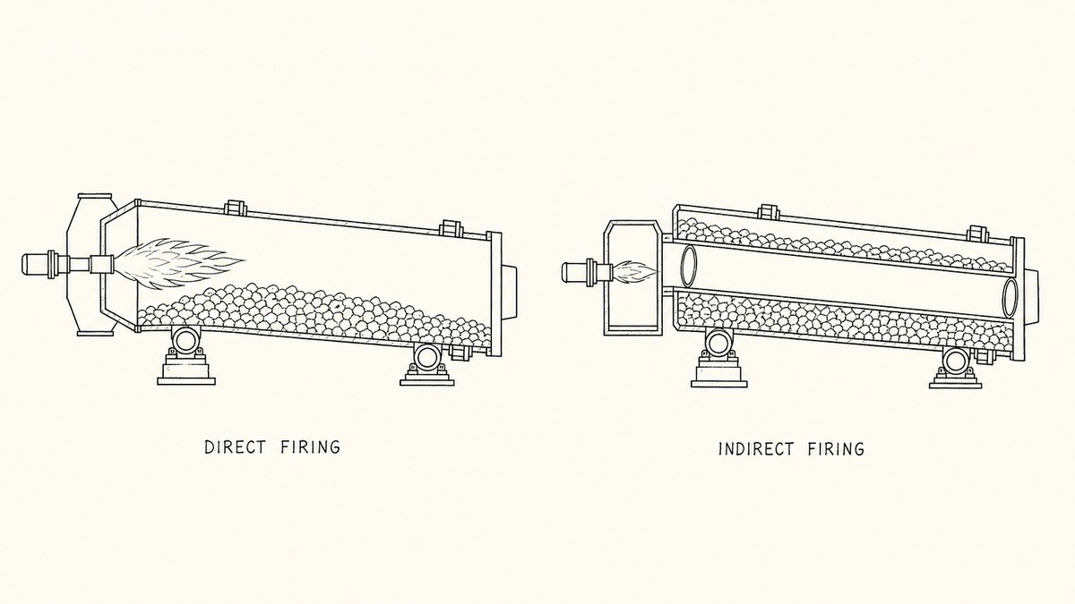 Direct and indirect firing of a rotary dryer compared in a single horizontal row as a hand-drawn pen-and-ink engineering plate, two cut-away views of the same machine at matching scale with a label underneath each: on the left the burner mounted in the feed-end hood with a teardrop flame reaching into the drum and the inside of the drum left open and clear around the tumbling material; on the right the burner firing into a separate small furnace box at the feed end with a single plain central tube running the full length of the inside of the shell, the material tumbling in the annular space around the tube and the tube interior left empty