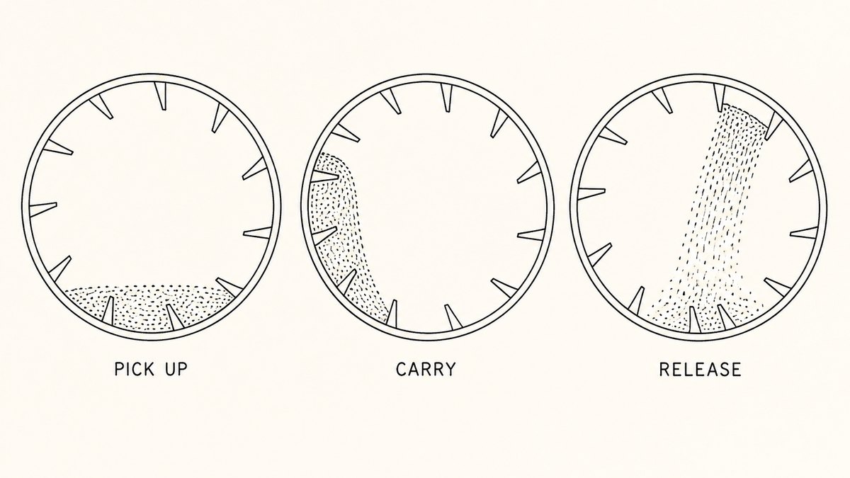 Three circular cross-sections through the same rotary dryer shell drawn in a single horizontal row as a hand-drawn pen-and-ink engineering plate, each the drum bore seen face on with short angled steel lifting blades fixed to the inner wall and a label underneath: the blades near the bottom of the bore carrying a shallow heap of granular material drawn as small plain dots; the blades carried up the left-hand wall still holding the material against the blade; and the blades at the upper right with the material released and falling back through the middle of the bore as a spread curtain of grains