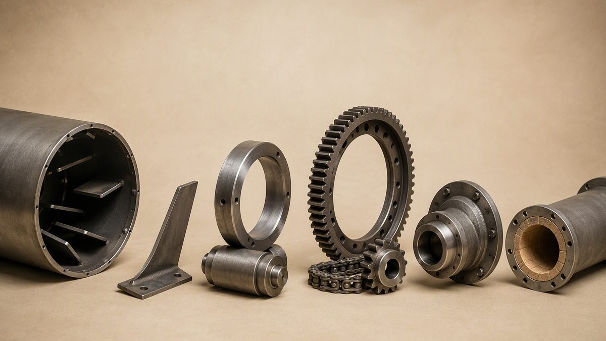 Rotary dryer cover: a cut-away section of a large steel dryer shell showing its inner lifting blades, a loose steel lifter blade, a machined riding ring segment with its support roller, a section of toothed girth ring with a pinion, a heavy flanged rotary joint, and a short refractory lined burner tube with a plain flange, arranged in one row on a warm beige studio surface