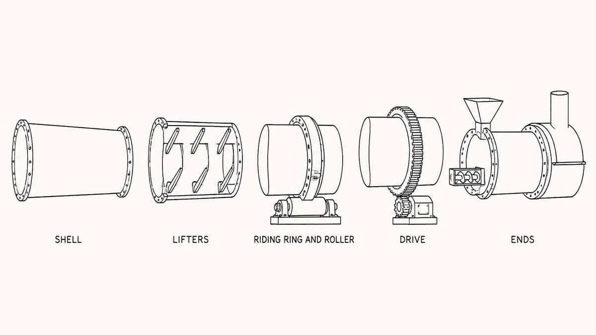 Five sections of a rotary dryer drawn in a single horizontal row as a hand-drawn pen-and-ink engineering plate, each an isolated view with a label underneath: the shell drawn as a long slightly sloped steel cylinder seen from the side; the lifters drawn as a cut-away of the shell wall revealing angled lifting blades welded inside; a machined riding ring encircling the shell resting on a single cylindrical support roller on a small base; a large toothed girth ring encircling the shell meshing with a small pinion on a compact gearbox; and the ends drawn as a feed end with a short screw feeder and chute entering the shell beside a hooded discharge end with a duct rising from it