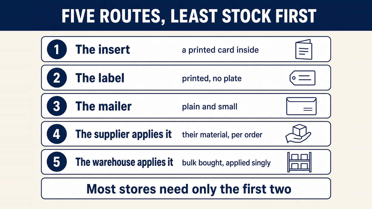 Five routes to branded packaging set out from least stock to most: a printed insert, a printed label on a plain mailer, a plain poly mailer, supplier-applied packaging per order, and packaging held at a warehouse