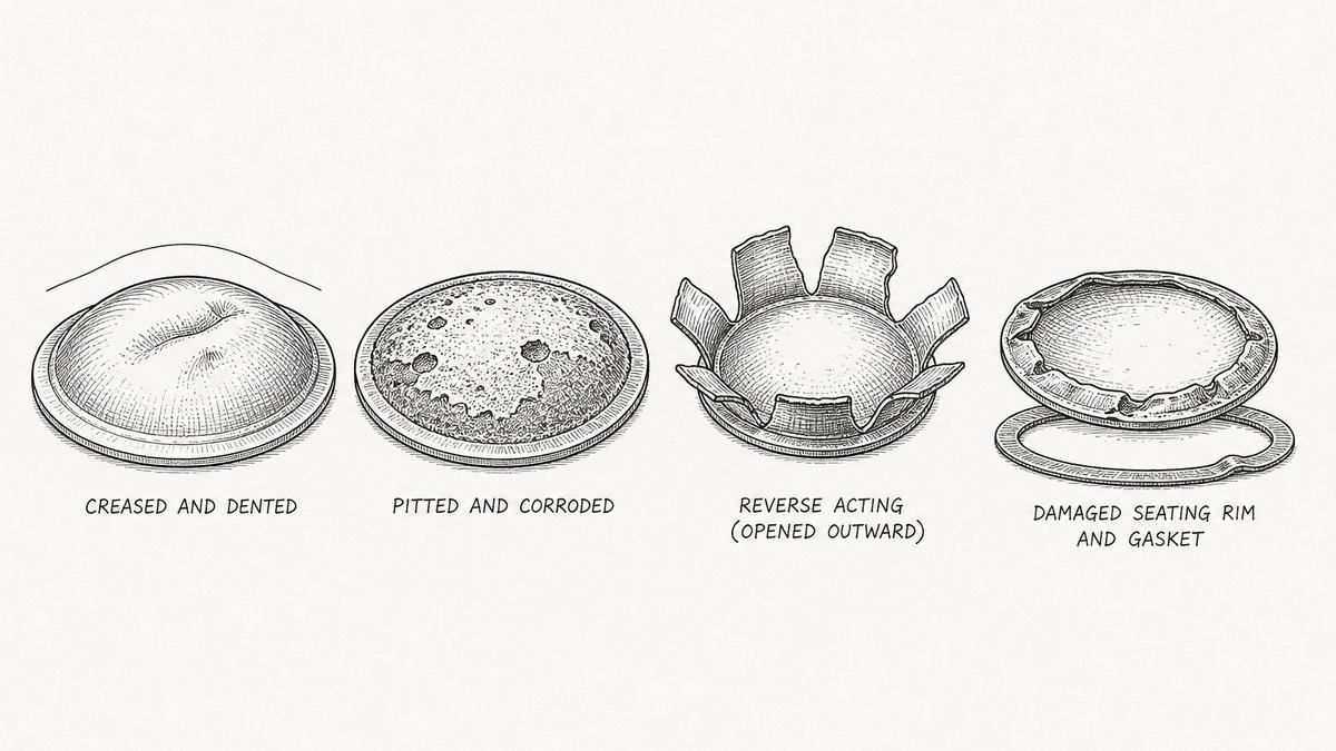 Four rejected rupture discs drawn in a single horizontal row as a hand-drawn pen-and-ink engineering plate, each an isolated disc with a label underneath: a domed disc whose crown carries a shallow crease and a small dent from handling, drawn beside the smooth original profile as a thin reference line; a disc whose face is rough and pitted with scattered craters and patches of discoloured metal; a reverse-acting disc having opened the wrong way, its petals bent outward and upward away from the dome rather than turned back inside it; and a disc and gasket pair whose seating rim is folded, nicked and partly crushed where it should be flat